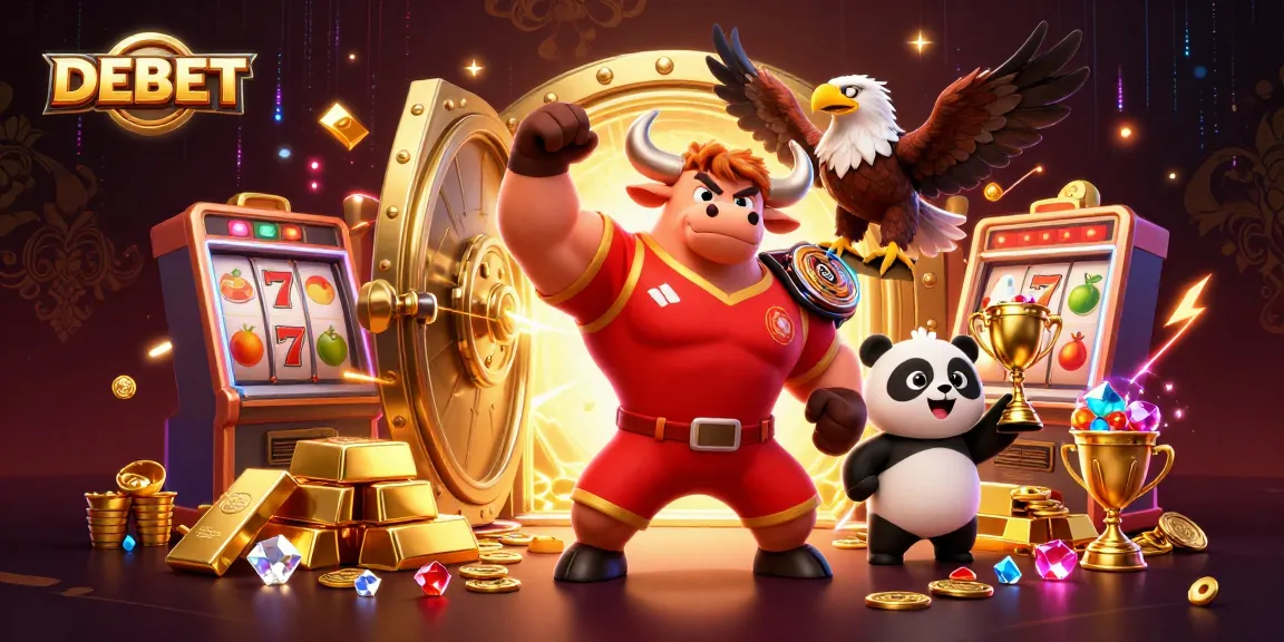 DEBET slots scene with victory poses and gold treasures in a vibrant 3D illustration