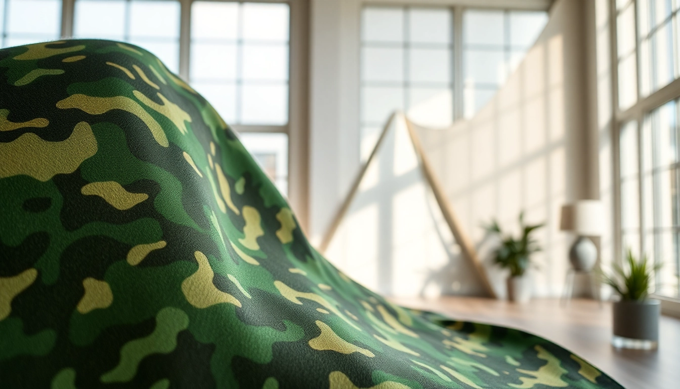 Bekijk legerprint stof met unieke patronen en textuur in een moderne showroom.