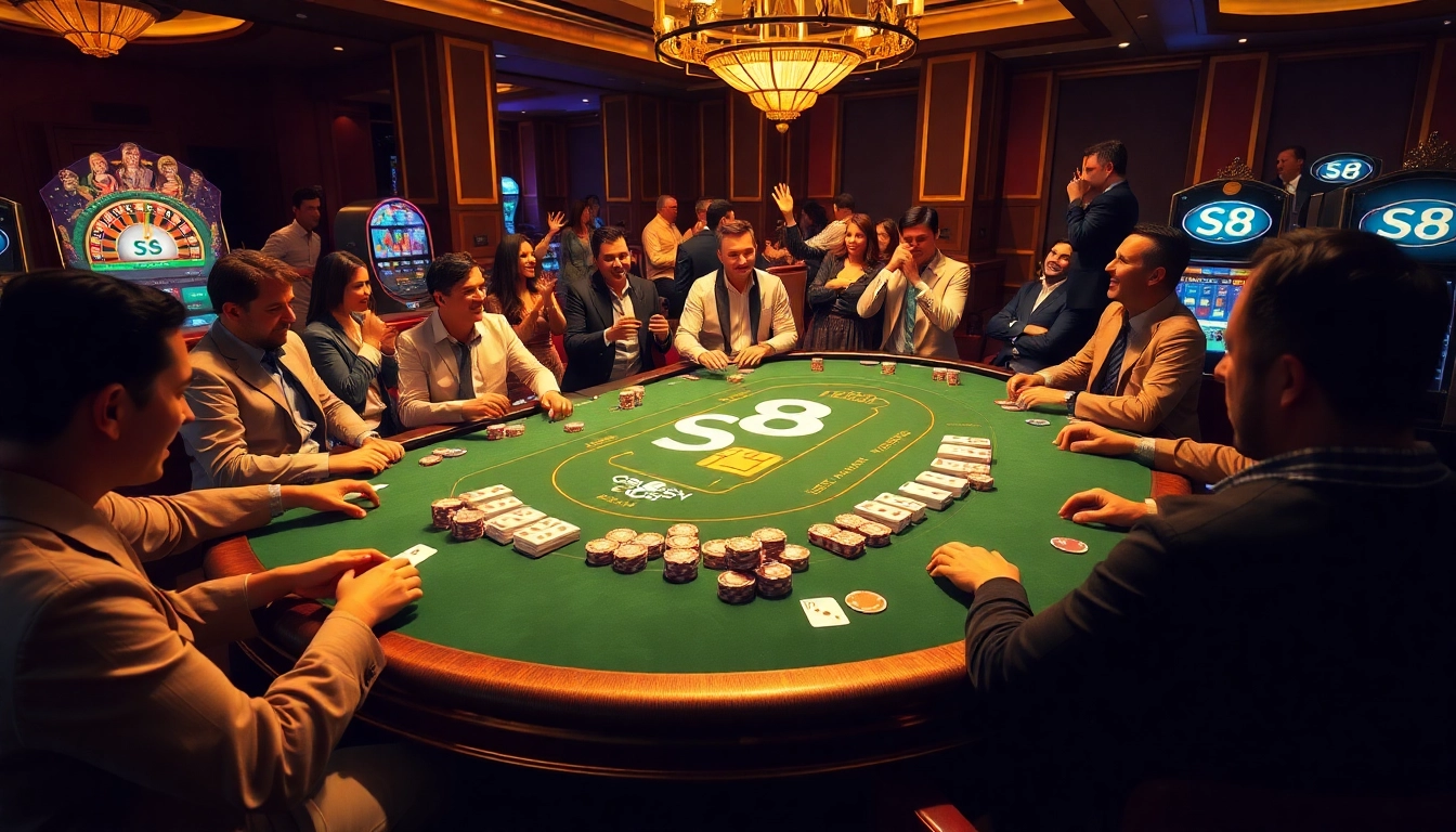 Gambling enthusiasts celebrate wins at a vibrant S8-themed casino table.