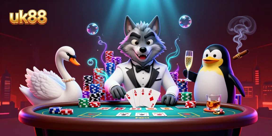 uk88 players enjoy high-stakes action at a glamorous baccarat table with engaging characters.
