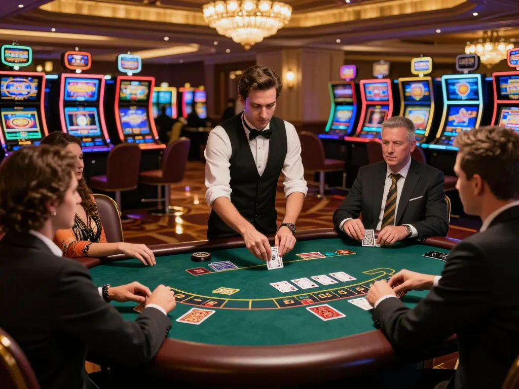 Sky88 players engaging in a strategic game of blackjack under warm casino lights.