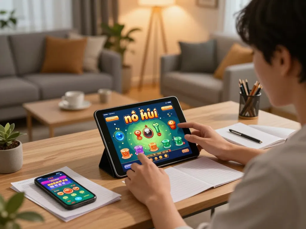 Engaging with nổ hũ game on tablet in a cozy home setting, showcasing online gambling experience.