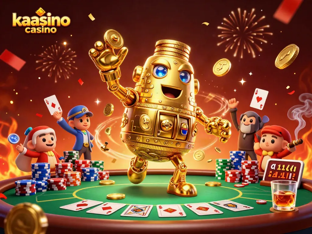 Experience dynamic gaming with kaasino casino's vibrant 3D illustration featuring a golden golem and rich poker elements.
