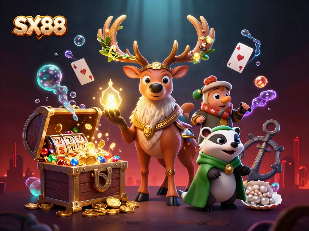 SX88 engages players with fun-filled slot games and a vibrant fantasy illustration.