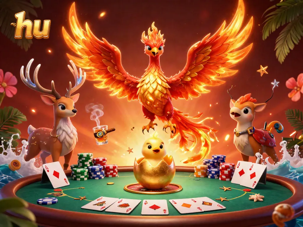 Experience dynamic gaming with hu as the fire phoenix, poker elements, and a mystical stag illustrated.
