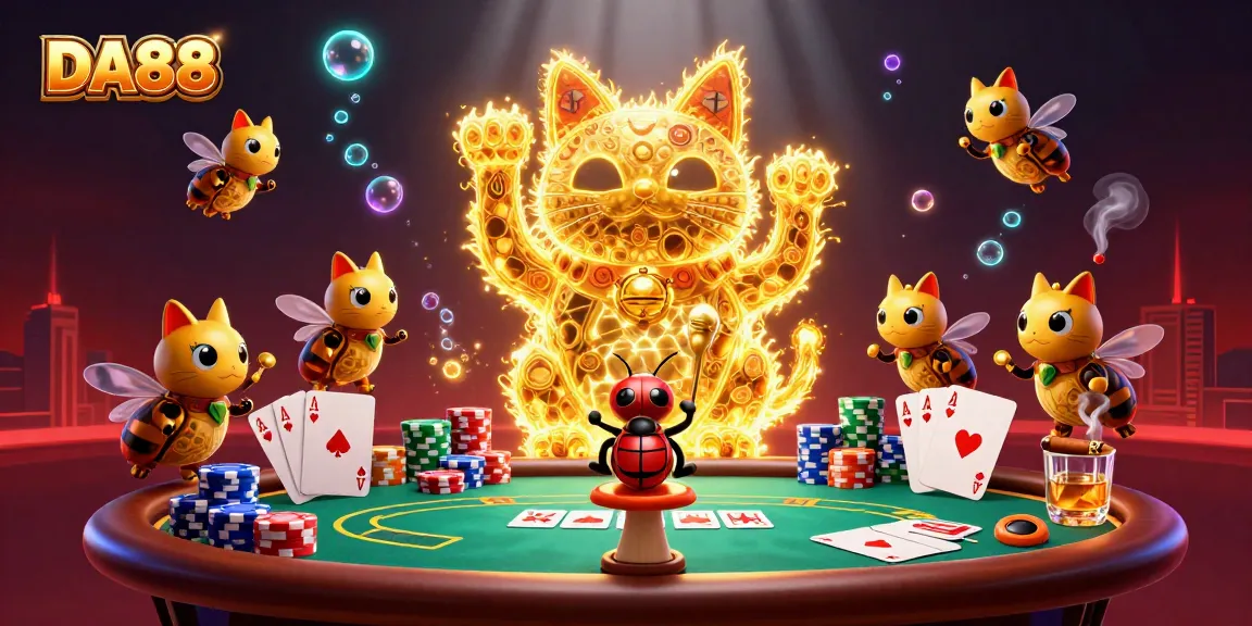 Engage with thrilling DA88 gameplay featuring a lively lucky cat amidst vibrant casino elements.
