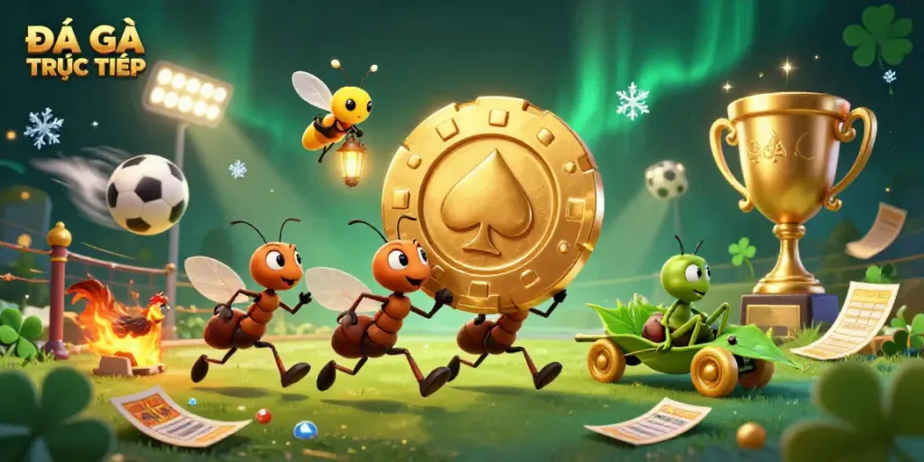 Engaging scene of ĐÁ GÀ TRỰC TIẾP featuring animated ants escaping with a golden poker chip amidst racing sports elements.