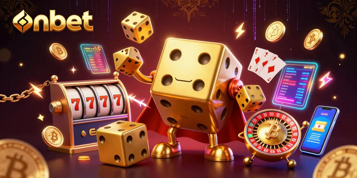 Experience exciting gambling at onbet with vibrant 3D characters, slot elements, and neon coin highlights.