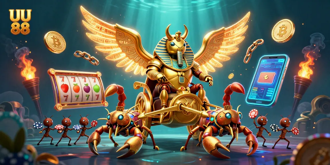Engage with UU 88’s vibrant gaming world, featuring a golden scarab and scorpions amid lively casino elements.