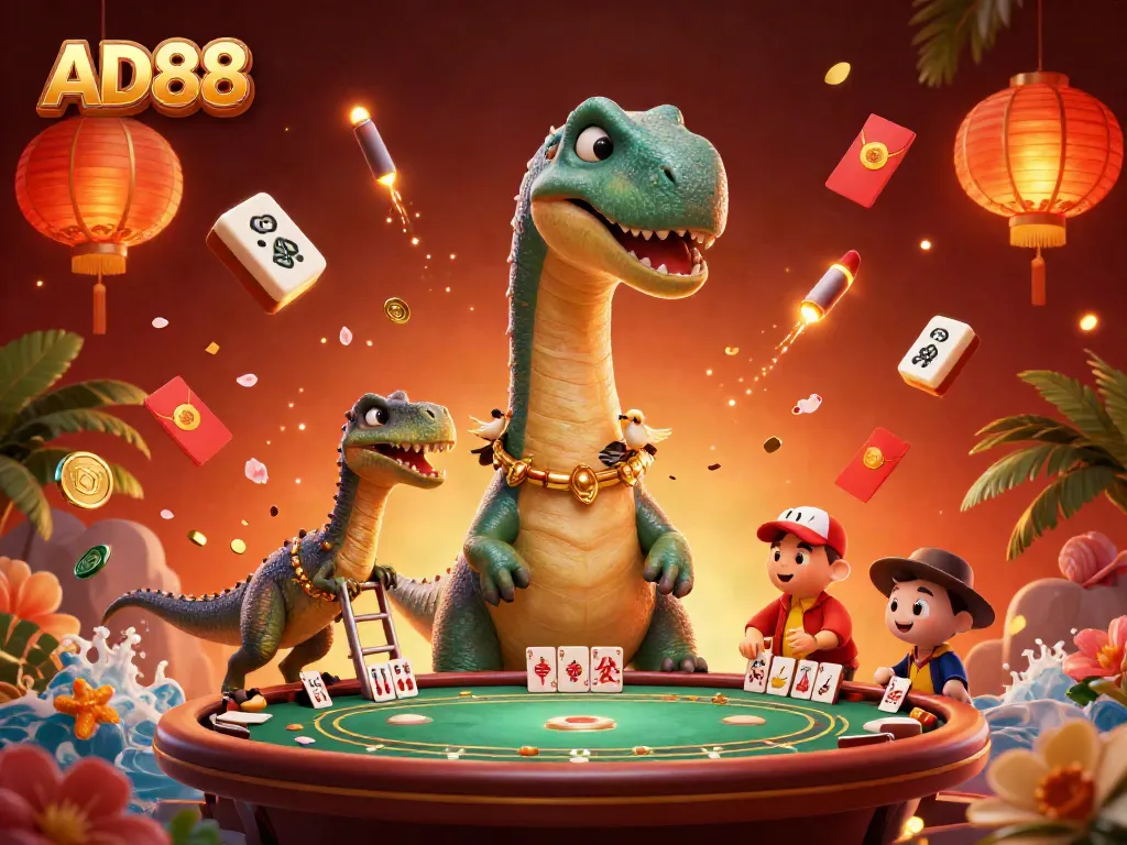 Engage with AD88's unique casino experience featuring a giant brontosaurus overlooking a poker table.
