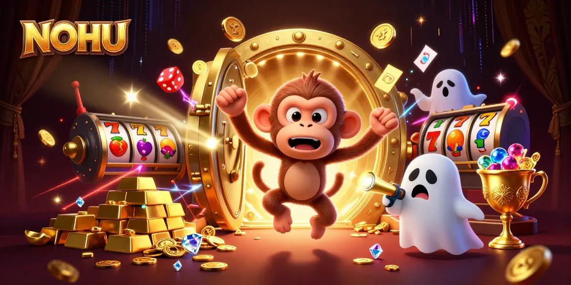 Experience the thrill of NOHU with a playful poltergeist monkey amidst a bustling casino scene.