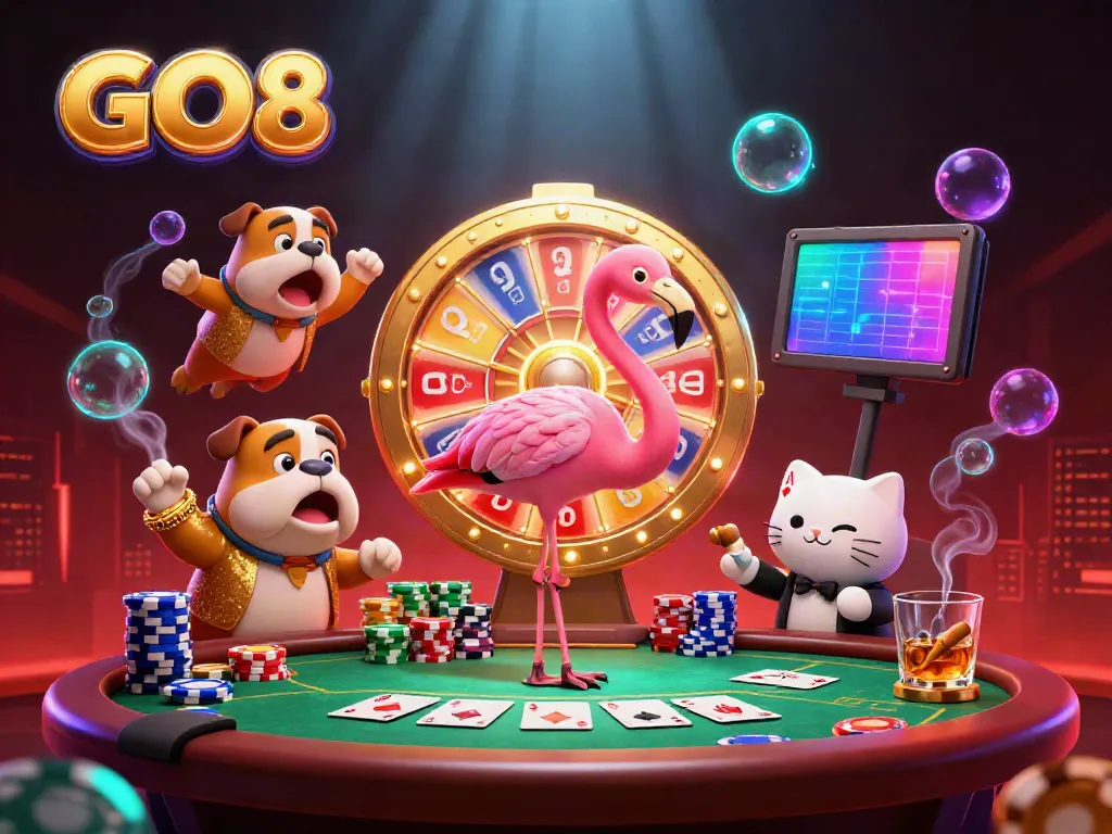 Exciting GO8 game show scene with a flamingo host, bulldog contestant, and cat assistant at a prize wheel.