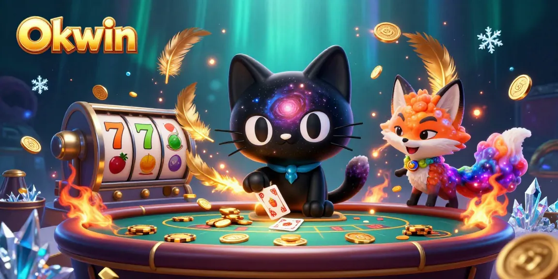 Okwin's cosmic casino scene captures a black hole cat attracting golden chips for thrilling gameplay.