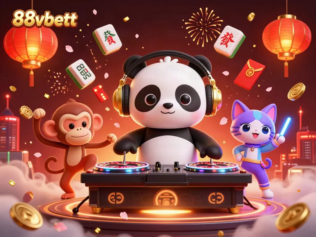 Experience the vibrant energy of 88vbett with a DJ panda and festive casino elements.