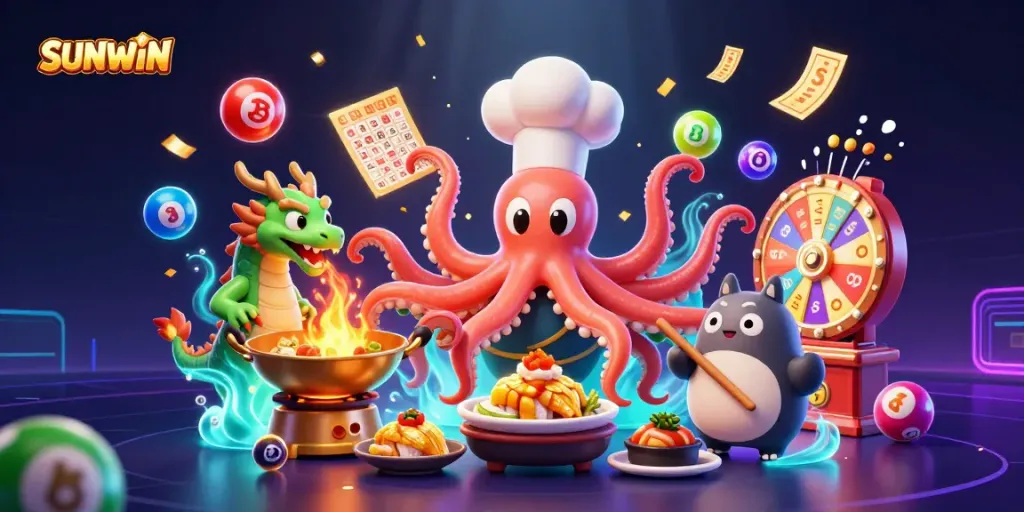 SUNWIN casino illustration showing a sushi chef octopus with a dragon and a tanuki, enveloped in vibrant gambling elements.