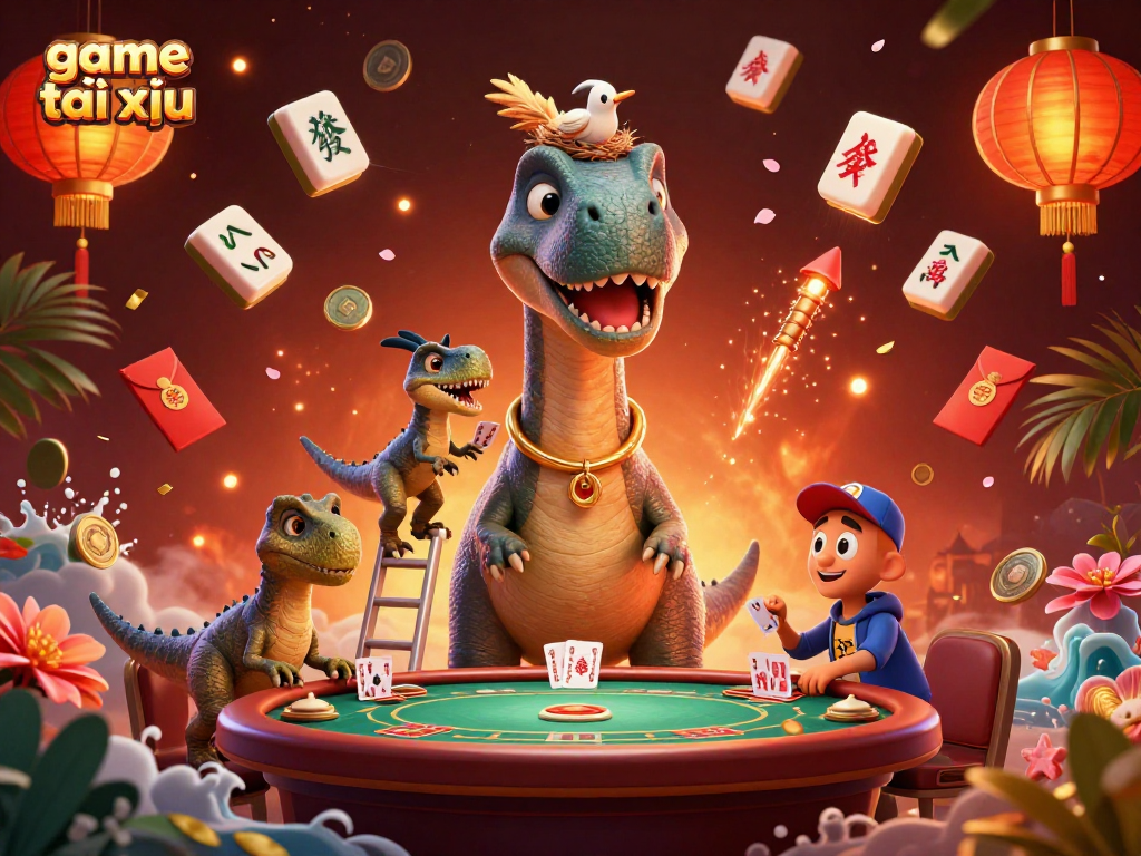 Engage in the excitement of game tài xỉu with a whimsical scene of dinosaurs and vibrant decorations