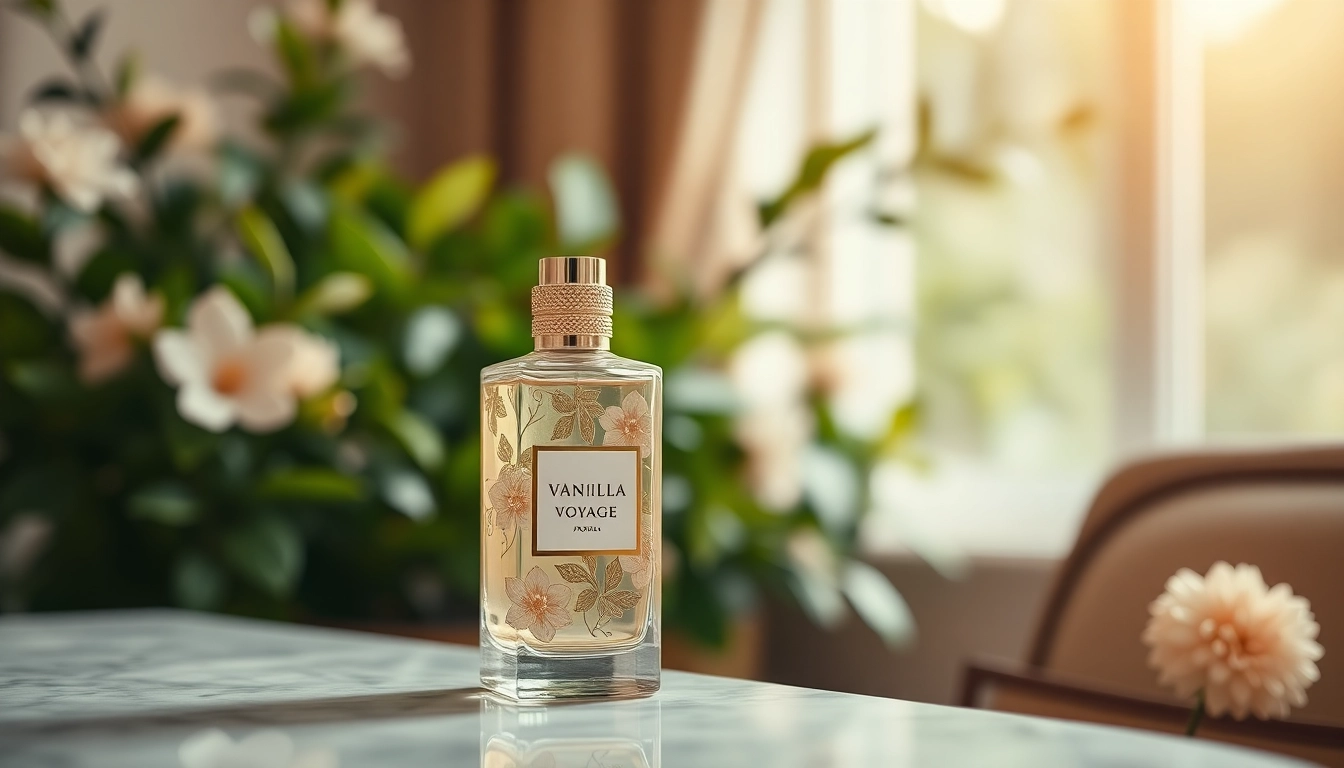 Presenting Vanilla Voyage by Maison Asrar in an elegant perfume display, emphasizing its luxurious design.