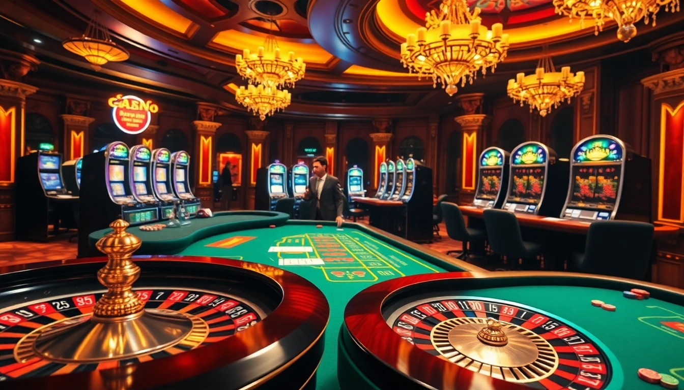 Engage in thrilling gameplay at rr88 com with vibrant casino visuals showcasing poker chips, slot machines, and roulette wheels.