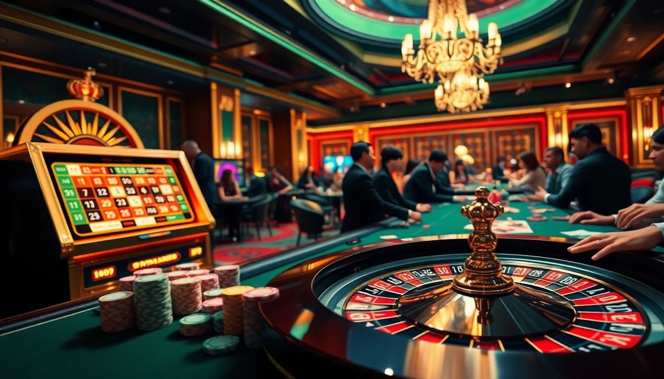 Action-packed gambling scene at 777X nhà cái, showcasing vibrant casino tables, roulette, and excited players.