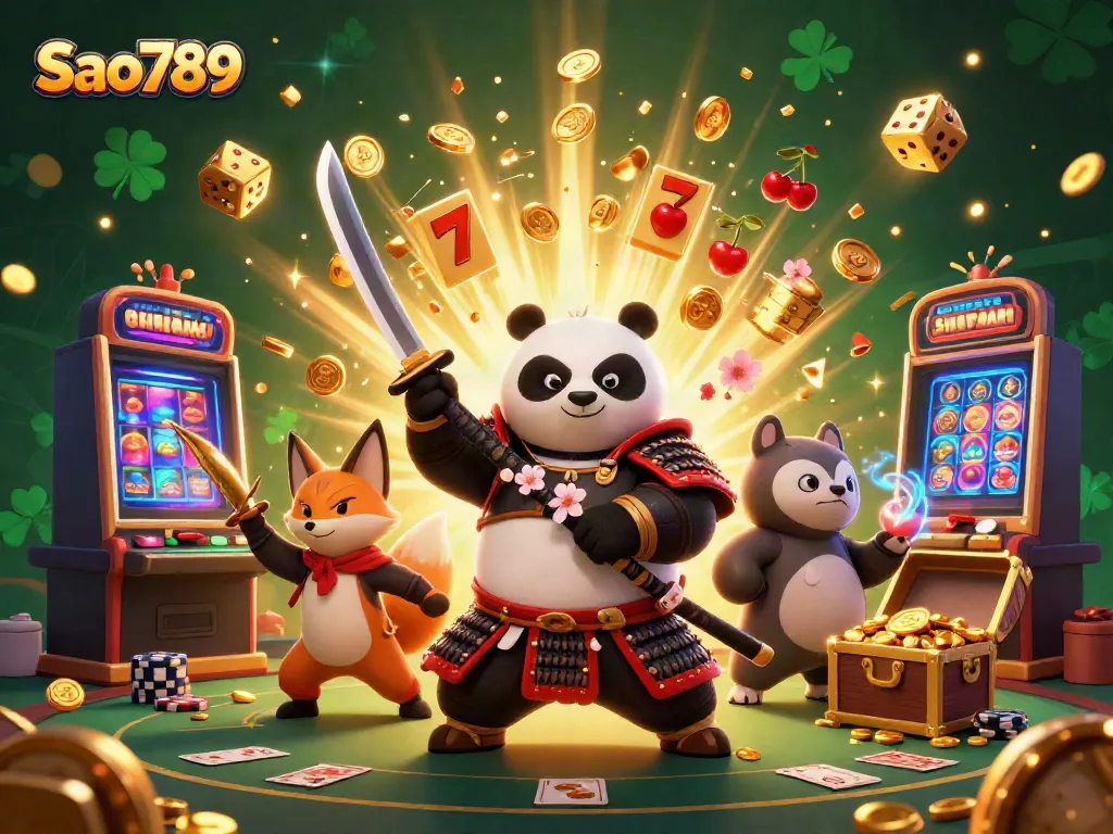 Win jackpots with Sao789's vibrant slot machines and dynamic characters in this immersive illustration.