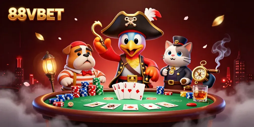 Join the thrilling action at 88VBET with cartoon pirate characters gearing up for poker under dramatic lighting.