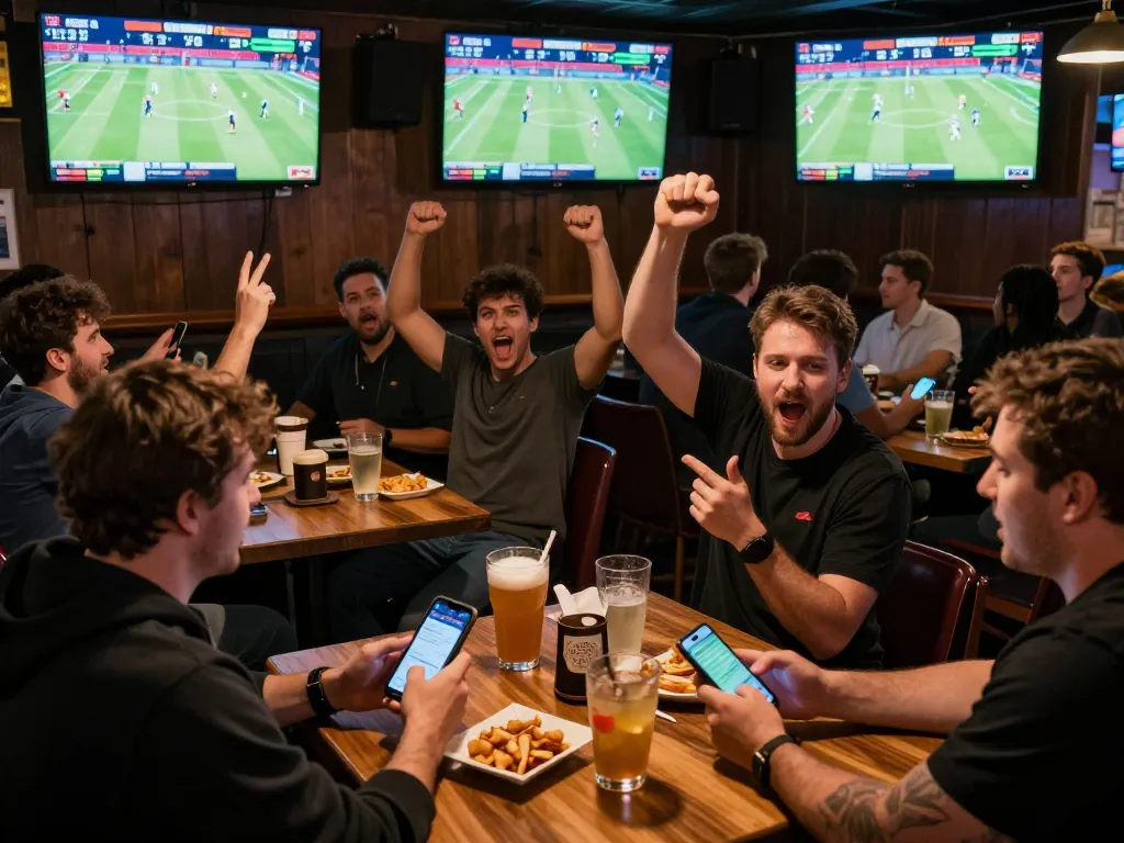 Excited sports bettors engaging in live betting at five88bc with multiple screens displaying games and odds.