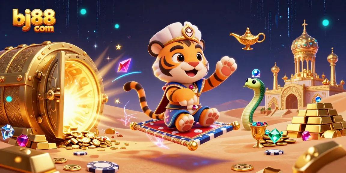 Spin the reels at bj88 com, featuring a vibrant casino scene with stunning treasures and magical elements.