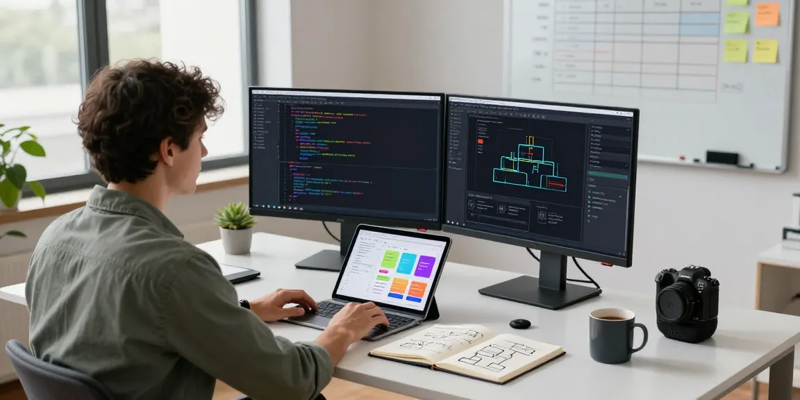 Professional workspace illustrating how to build internal tools with AI through coding and design activities.