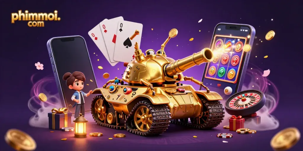 Experience the thrill of phimmoi. com with a vibrant casino scene featuring a golden beetle tank and engaging gaming elements.