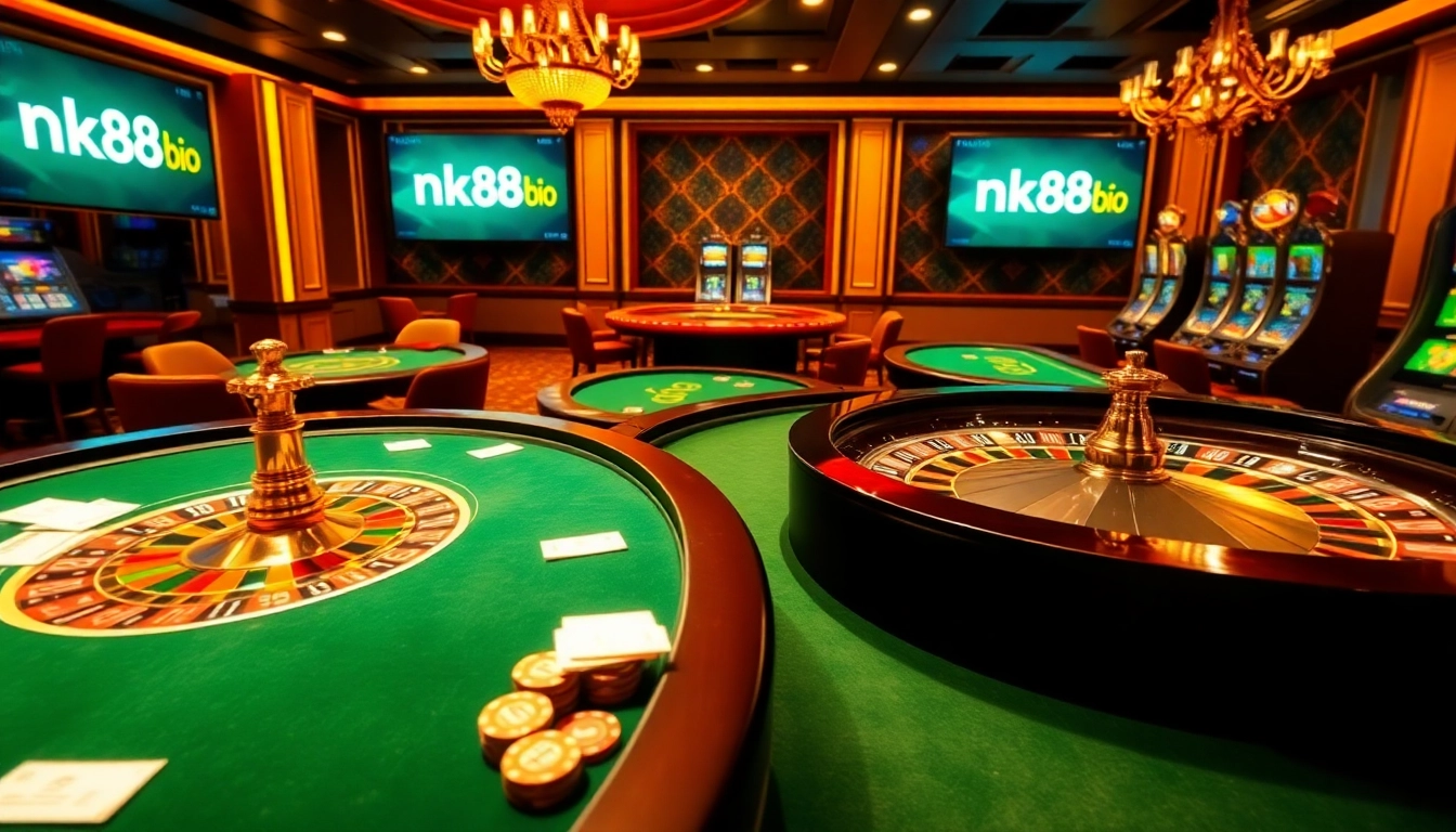 Navigating the nk88 bio online casino environment with excitement at vibrant gaming tables.