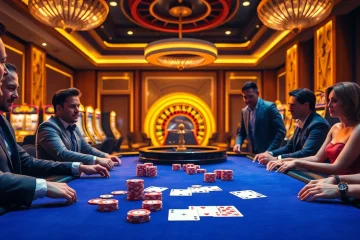 Engaging poker game at a casino featuring vibrant S8 chips and luxurious ambiance.