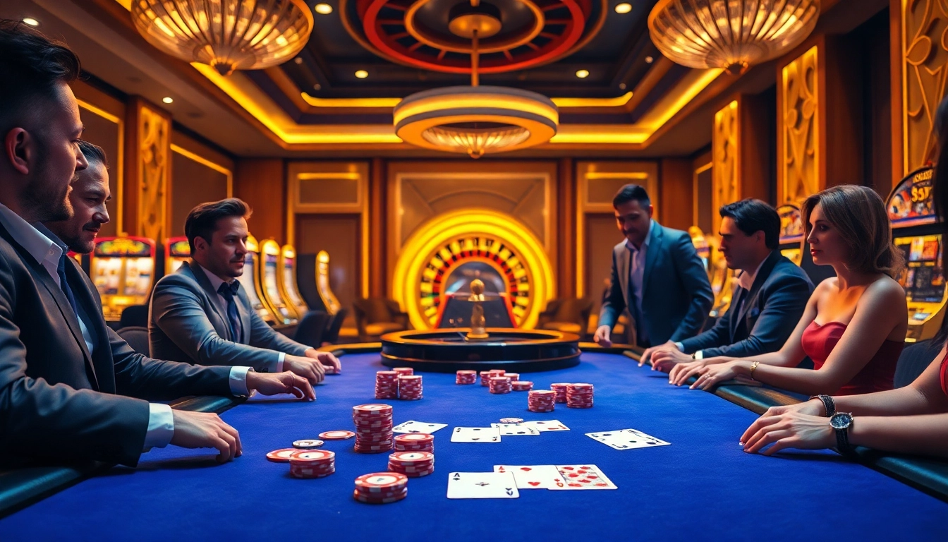 Engaging poker game at a casino featuring vibrant S8 chips and luxurious ambiance.