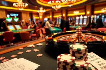 Experience the thrill of E2BET with vibrant casino action, featuring tables and slot machines.
