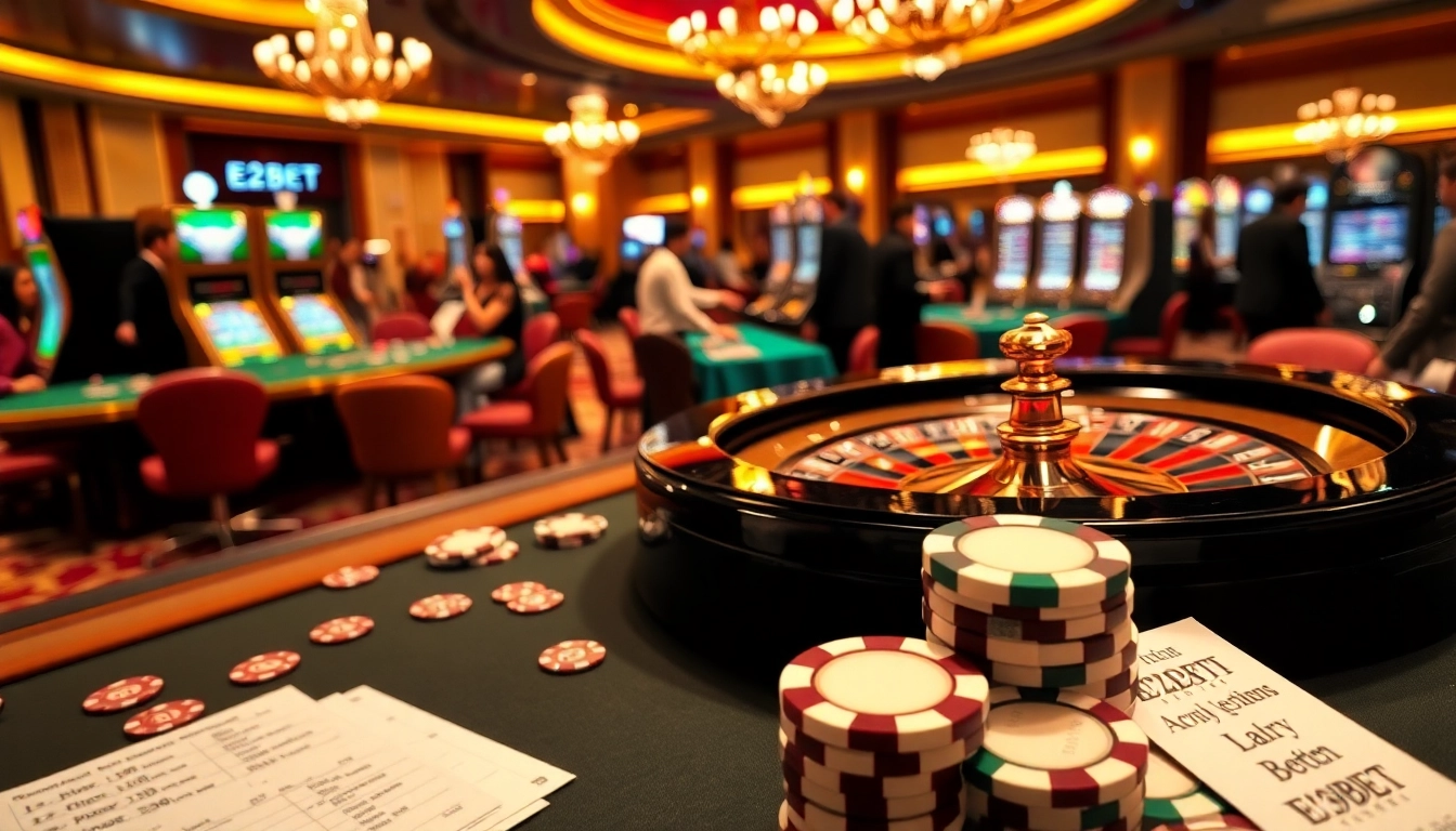 Experience the thrill of E2BET with vibrant casino action, featuring tables and slot machines.