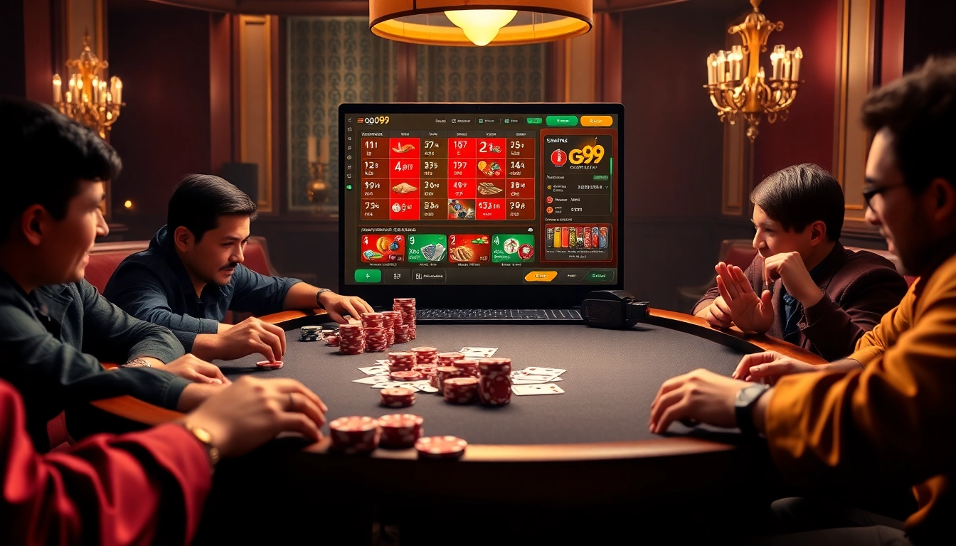 Experience the thrill of go99 as players engage in a luxurious online casino setting with poker chips and cards.