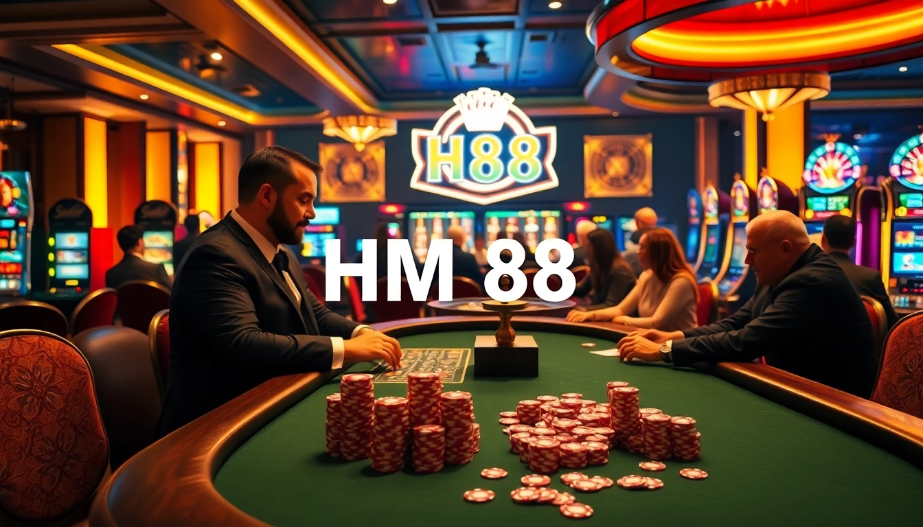 Players enjoying a thrilling game at the casino featuring HM 88 slot machines and vibrant poker tables.