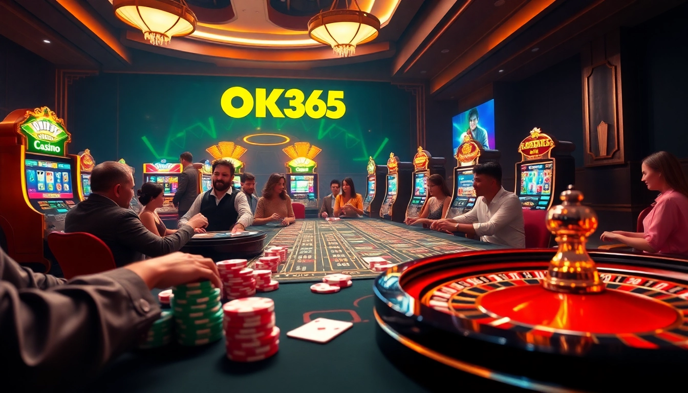 Players enjoying casino games at nhà cái OK365, with poker chips and cards in action in a vibrant online environment.