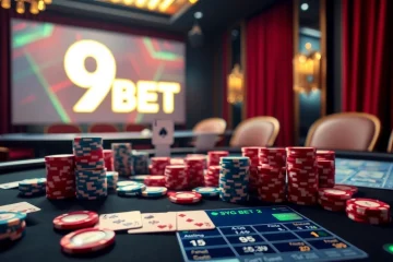 A high-stakes poker table at a luxury casino with the 9 BET logo, vibrant chips, and illuminated cards.