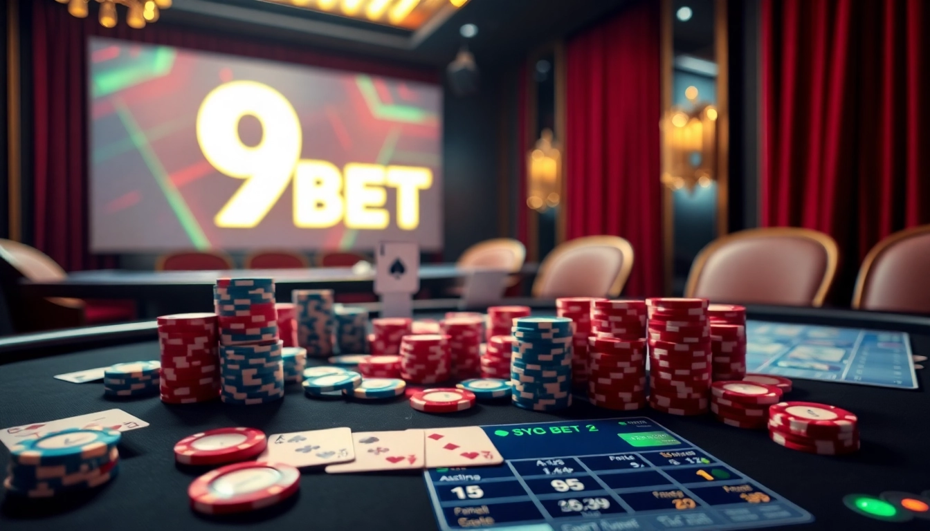 A high-stakes poker table at a luxury casino with the 9 BET logo, vibrant chips, and illuminated cards.
