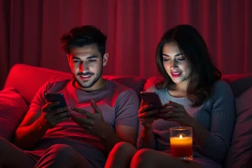 Sexting AI moment captured: playful couple enjoying intimate smartphone conversation.