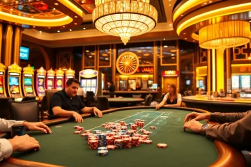Engaged players at TX88 Casino's poker table with vibrant chips and slot machines.