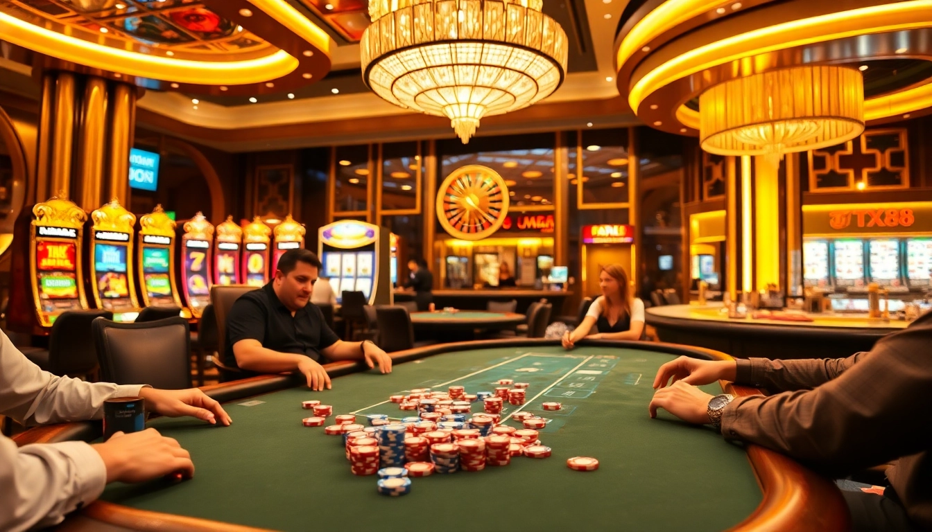 Engaged players at TX88 Casino's poker table with vibrant chips and slot machines.