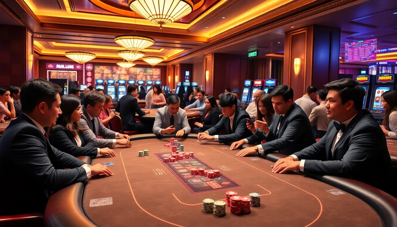 Exciting poker games in a casino featuring https://five88sss.com/ with vibrant chips and cards.
