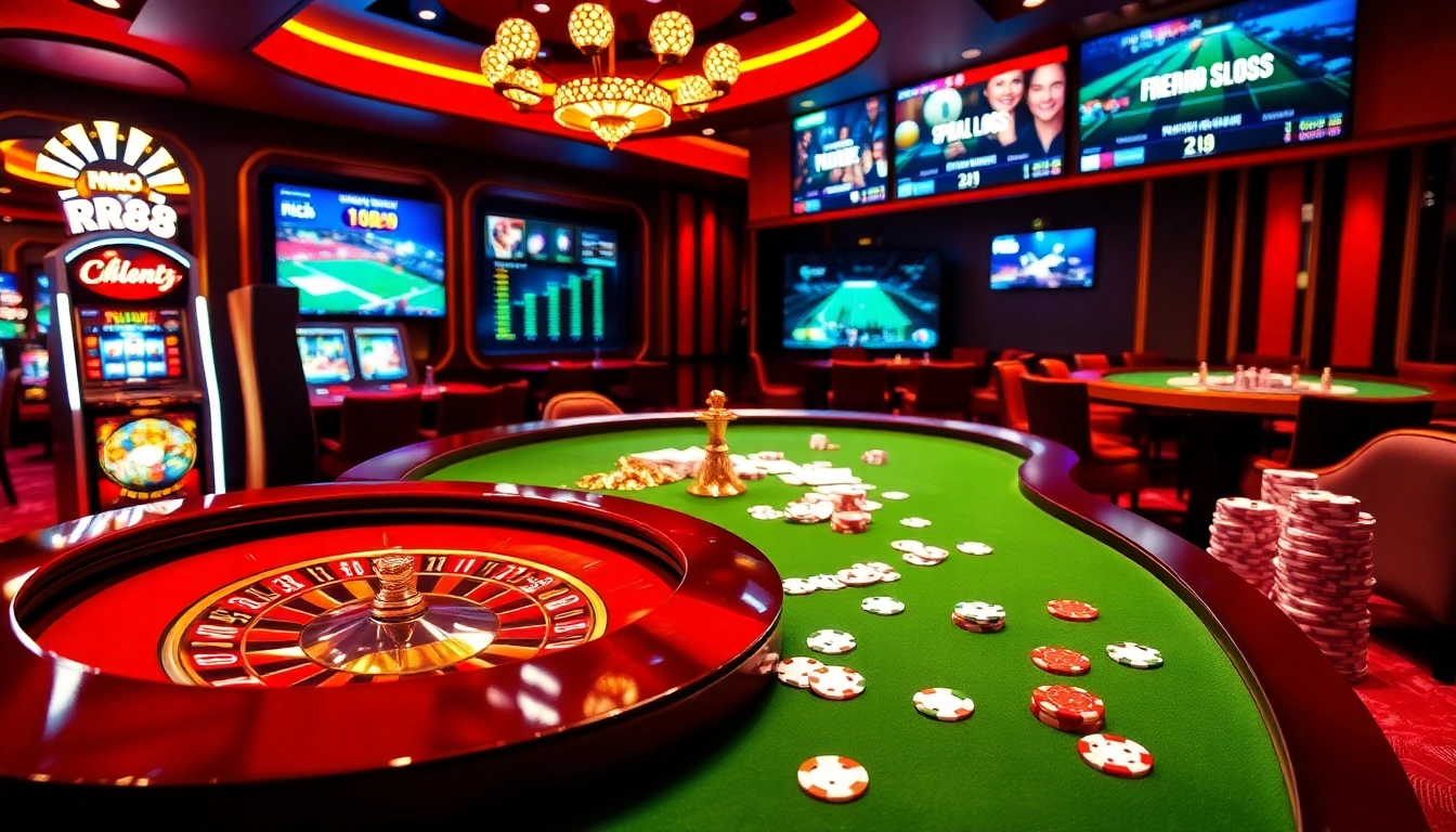 Players enjoying an engaging RR88 casino experience with poker chips and a roulette table.