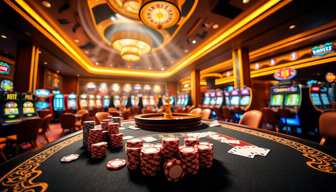 Experience the thrill of Bin88 with vibrant casino tables and exciting gambling visuals.