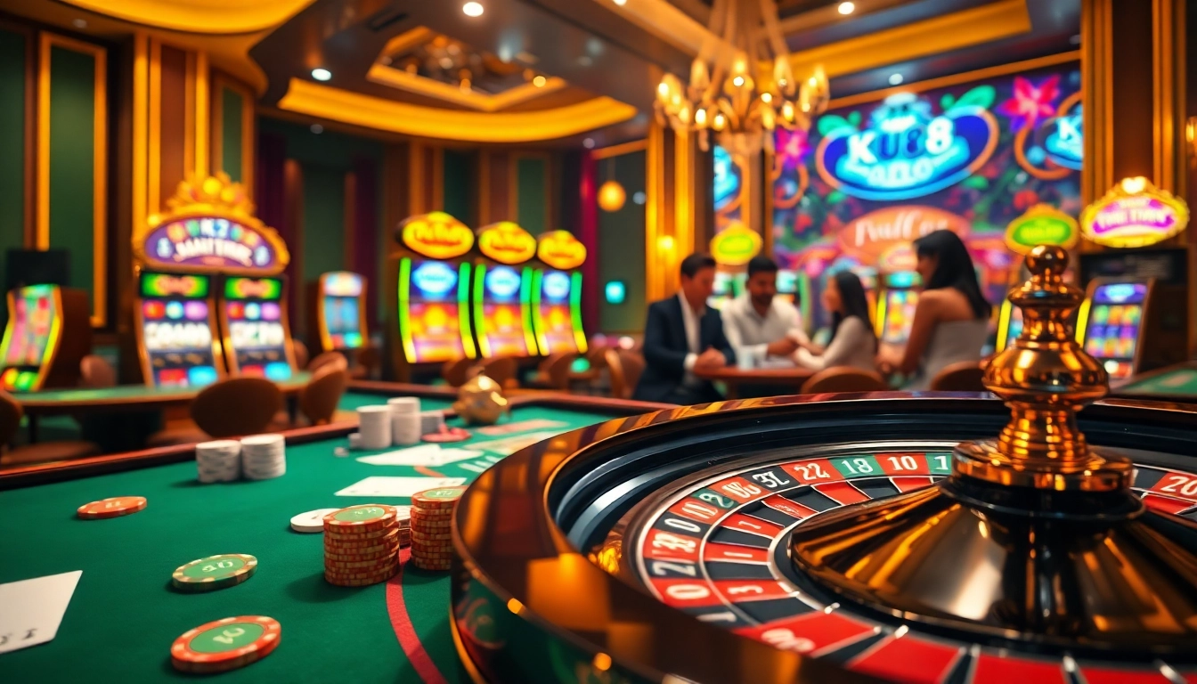 Engaging players at ku88 casino as they enjoy card games and roulette in a luxurious online setting.