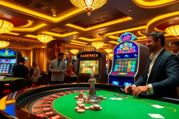 Experience a lucky win at a luxurious casino table with vibrant roulette and slot machines.