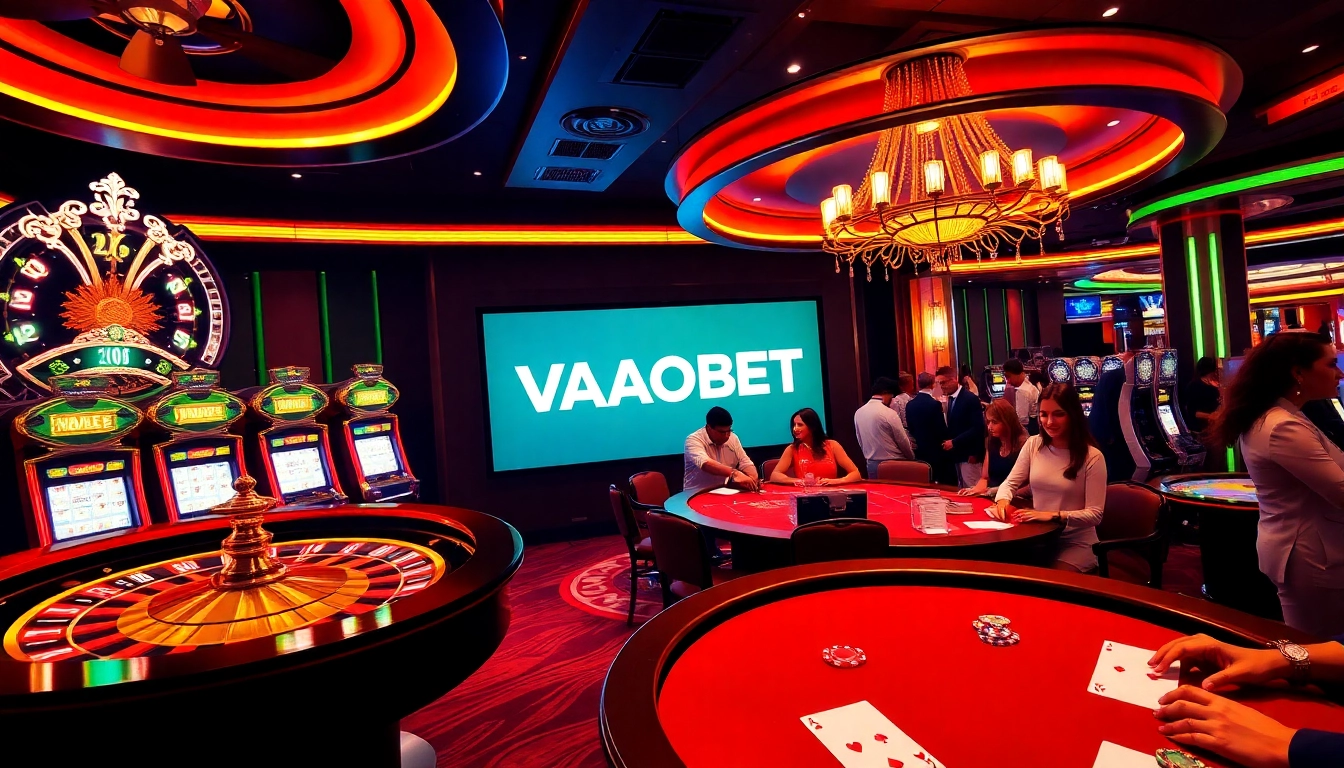 Experience the excitement of VAOBET with a vibrant casino scene featuring roulette and poker action.