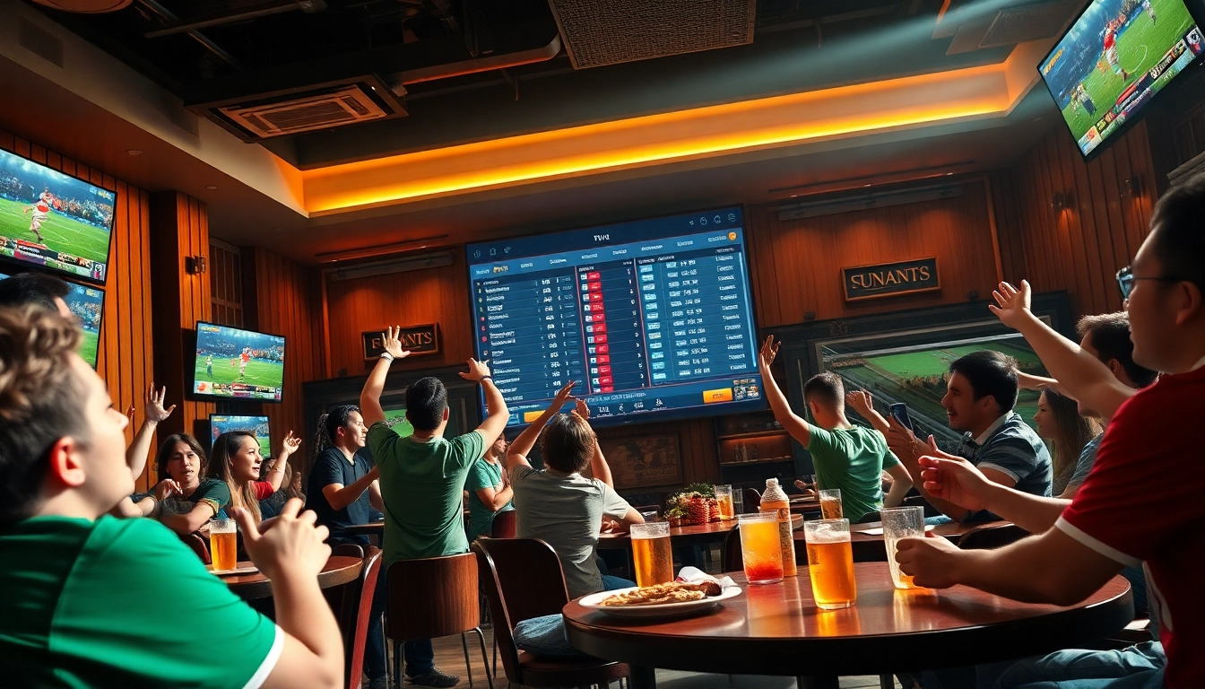 Engaging scene of trang cá cược bóng đá in a lively sports bar with fans enjoying live betting.