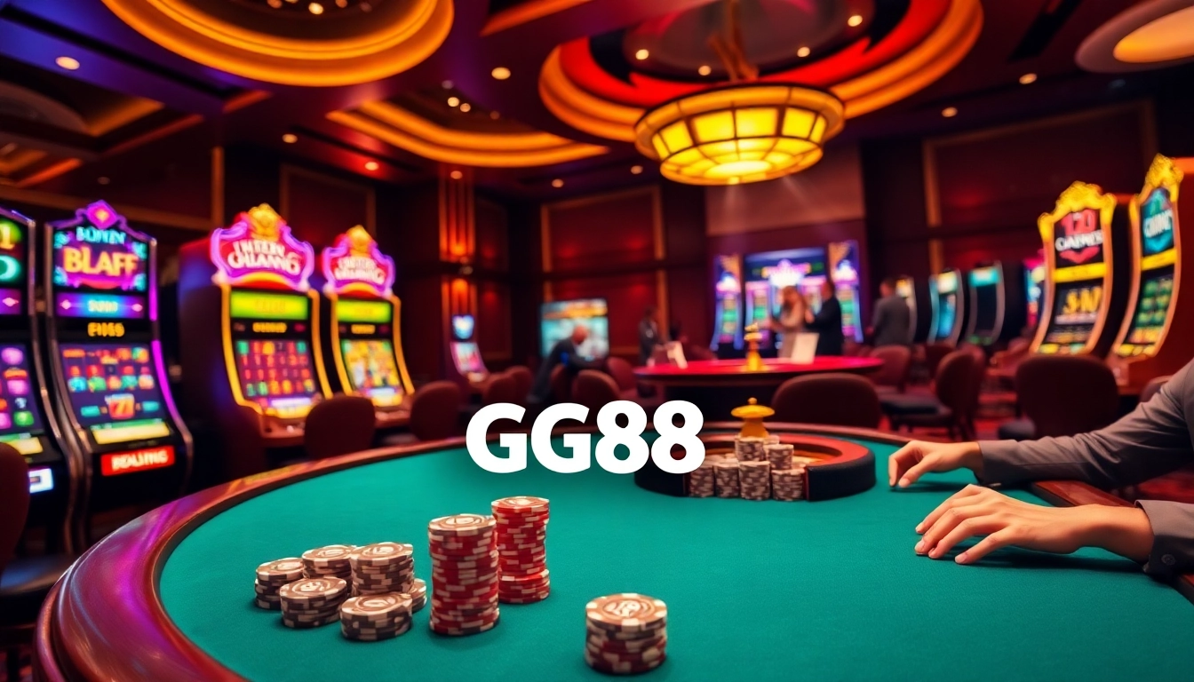 Exciting GG88 casino scene showcasing players at a poker table with slot machines and roulette.